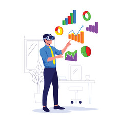High-Quality Flat Vector: Businessman in VR Headset Analyzing Data Charts