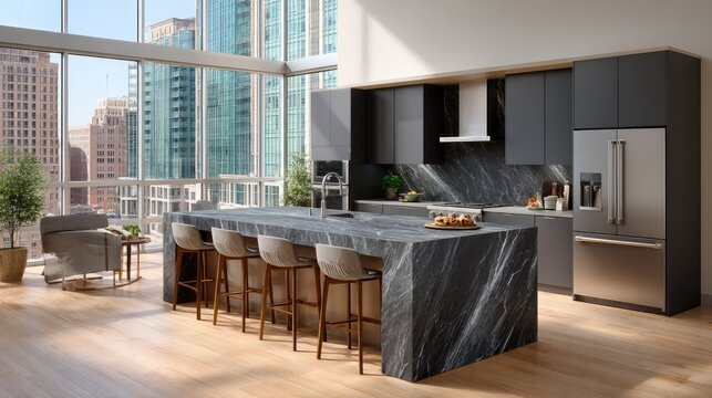 This sleek kitchen showcases dark gray cabinets, a stunning black marble island, and large windows revealing a vibrant city skyline