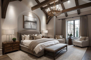 Obraz premium Luxury Master Bedroom with Vaulted Ceilings and Elegant Chandelier