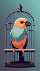 Colorful bird sitting on perch inside a wire cage