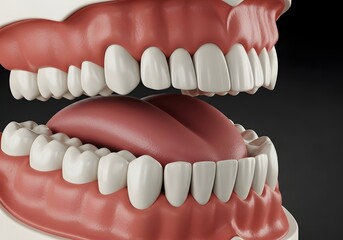 Fototapeta premium Anatomical model showcasing teeth gums and tongue in an open mouth against a dark background