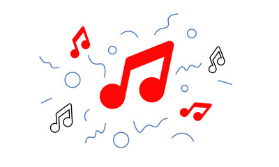 Colorful music notes surrounded by playful shapes and patterns in a creative design setting. Vector