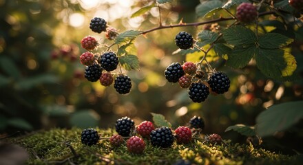 Ripe blackberries hang from thorny branches above a mossy forest floor