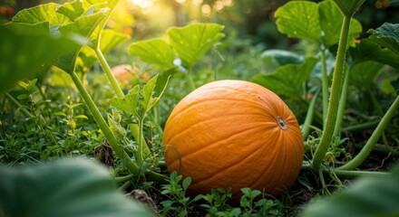 A ripe orange pumpkin sits among lush green vines in a garden at sunset