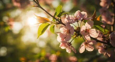 Delicate pink cherry blossoms illuminated by warm sunlight
