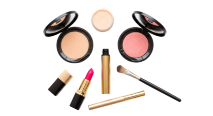 Assortment of makeup products including foundation, lipstick, blush, mascara, and brushes, isolated on transparent background