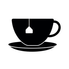 Minimal Glyph Teacup on Saucer with Tea Bag Vector Illustration