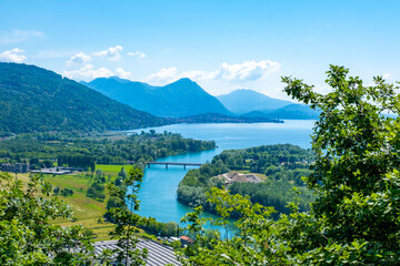 Maggiore Lake, mountains walk along Montorfano village, Hiking couple enjoying scenic mountain view, Province Verbano-Cusio-Ossola in Italian region Piedmont, Italian lakeside town