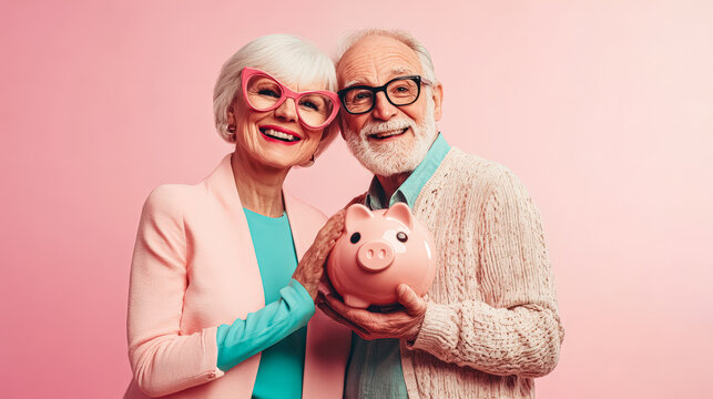 Senior couple joyfully holding a piggy bank, smiling at the camera against a soft pink background, representing financial planning and savings for retirement