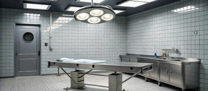 Realistic morgue interior with autopsy table, surgical lights and tiled walls. Cold clinical environment in a forensic facility or pathology lab.
