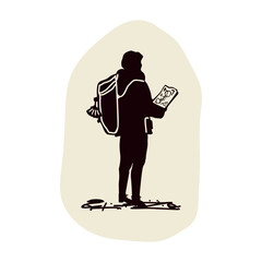 Motif of pilgrim woman figure with rucksack and shell walking with map on path. For Canterbury pilgrims way or Camino religious pilgrimage walk. Sacred walk sign and person vector icon drawing.
