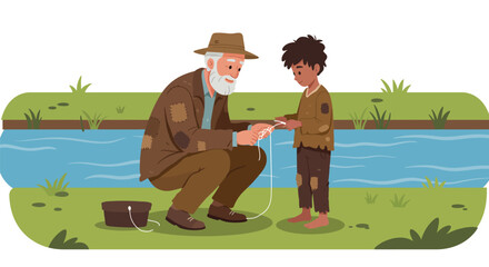 Fototapeta premium Heartwarming illustration: old man teaching street child fishing by the canal