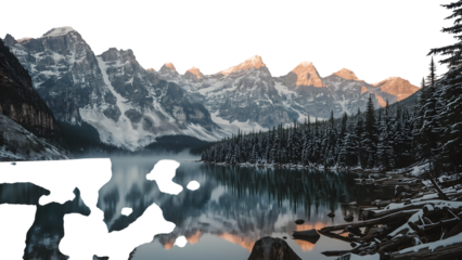Serene Mountain Lake Landscape: A breathtaking view of a serene mountain lake reflects the snow-capped peaks and dense evergreen forest, showcasing the tranquil beauty of the natural world.