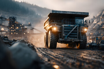 Big mining truck unloads ore for crusher, processing plant. Stones is crushed to recover copper, gold, iron metal