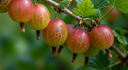 Ripe gooseberries on a branch with green leaves and a blurred background