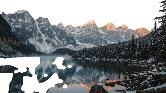 Serene Mountain Lake Landscape: A breathtaking view of a serene mountain lake reflects the snow-capped peaks and dense evergreen forest, showcasing the tranquil beauty of the natural world.