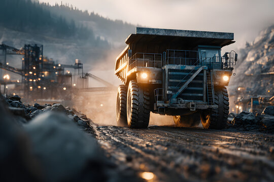 Big mining truck unloads ore for crusher, processing plant. Stones is crushed to recover copper, gold, iron metal