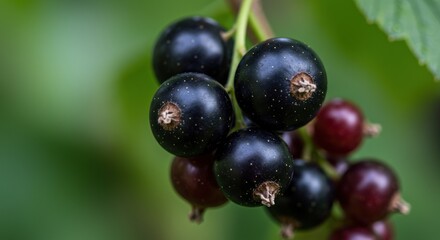 Closeup of ripe black and red currants on a stem
