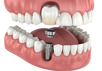 Fototapeta premium Illustration showcasing a dental implant process with visible teeth and gum structure anatomy