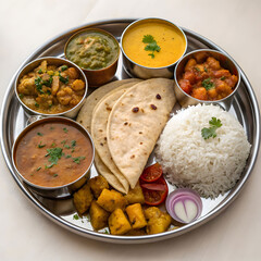 indian thali with chapati curry dal rice and s