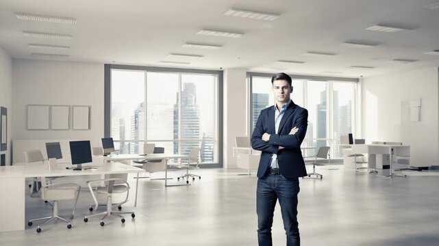 Junger Gesch&auml;ftsmann im modernen Gro&szlig;raumb&uuml;ro &ndash; Startup Arbeitsplatz, Business Szene