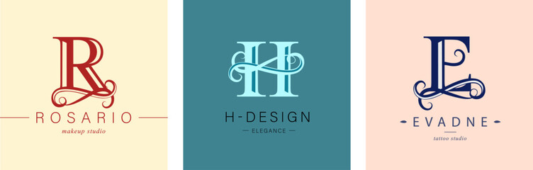 Logo R, capital letter H, E. Monogram of Botanical Minimalistic, Initial. with Organic Plant Elements. Vector design.