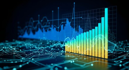 A glowing bar graph and line graph over a circuit board against a dark background showing data trends