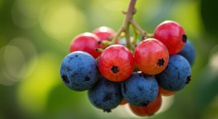Closeup of red and blue berries on a stem against a blurred green background