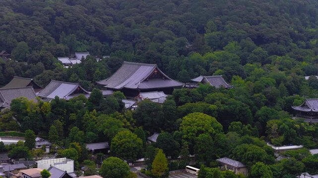 Serene aerial view of a historic temple in Kyoto, Japan, surrounded by dense green forest. The camera moves smoothly, showcasing traditional architecture.