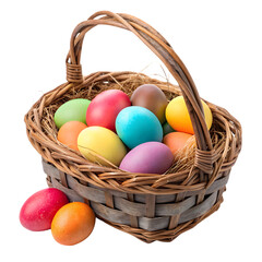 Colorful Easter Eggs in Woven Basket on transparent background