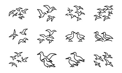 Birdhouse and Bird Icons Collection – Flying Birds, Bird Wings, Birdhouse Outline, and Minimalist Bird Line Art on White Background
