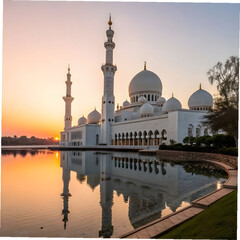 large whith mosque with reflection in water at sun