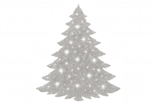 Christmas tree shape with sparkling silver glitter and glowing stars on transparent background