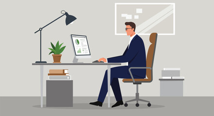 Professional at modern desk with computer and plants in stylized illustration