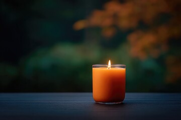 Warm orange candle glowing softly, surrounded by serene natural