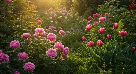 A garden with pink roses and tulips in soft sunlight