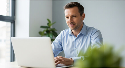 Focused Professional Working on Laptop at Modern Office Space Amidst Indoor Plants