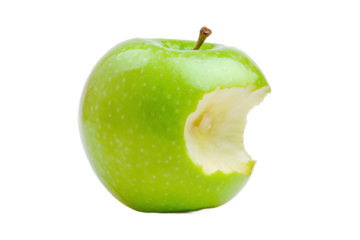 Single Green Apple, Bitten, isolated on white transparent background