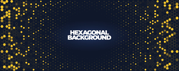 Hexagon Background Glowing Honeycomb Pattern In Yellow Blue Colors for AI, Tech Digital Forum and Conference Ad Presentation. Hexagonal Modern Texture. Halftone Gradient Backdrop. Vector Abstract BG