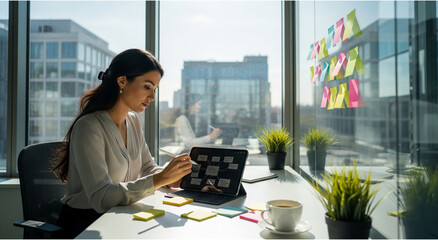 Focused Professional Working on Project in Modern Office with Sticky Notes and Coffee