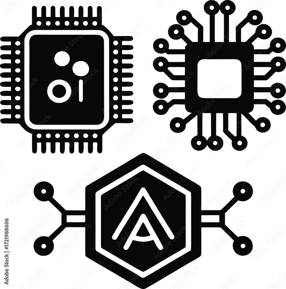 Aufkleber digital technology icons representing microchips ai processors and advanced circuitry for futuristic