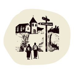 Clipart pilgrim women group with rucksack and shell walking on church sanctuary signpost path. For Canterbury pilgrims way or Camino religious pilgrimage walk. Hospitality sacred vector icon drawing.
