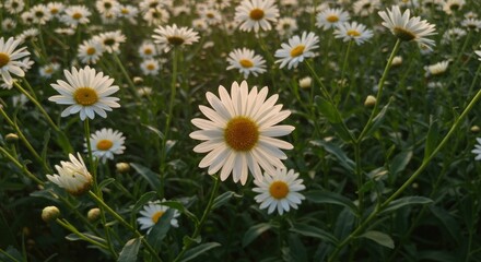 A field of white daisies with yellow centers illuminated by sunlight