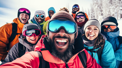Group of diverse winter sports enthusiasts smiling together in snowy mountain landscape