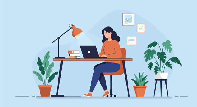 Woman working from home with laptop and plants in a cozy workspace