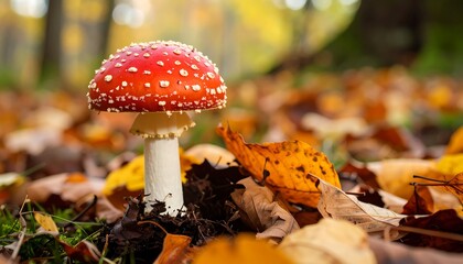 Poisonous mushroom amidst autumn leaves