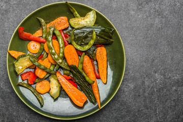 Plate of stir fry vegetables, top view