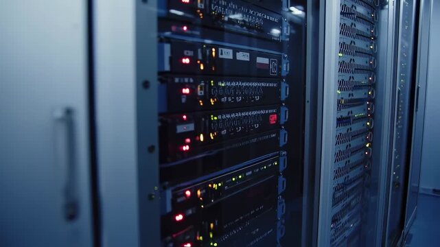 Close-up of server rack cabinets with many network devices