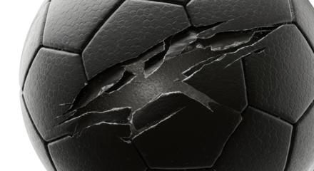 Macro of a premium soccer ball with a dynamic tear revealing fabric layers and deflated bladder, on transparent background with sharp studio light, concept of engineered resilience