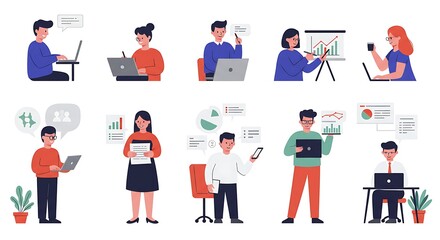 A collection of diverse people engaged in various business and technology-related activities, showcasing collaboration and data analysis.